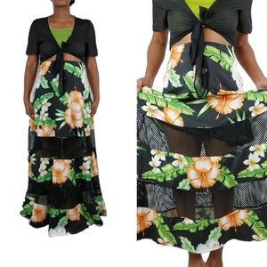 Floral Maxi Fish Net Boho Floral Layered Skirt